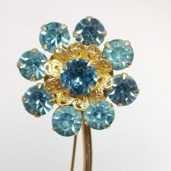 Vintage Blue Rhinestone Long Stem Flower Brooch, Gold Tone Setting, Estate - Picture 1 of 7